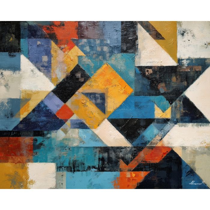 arrangement, angular, geometric, shapes,, fading, broken, palette knife, oil painting, textured impasto, layered pigment, dynamic strokes, sculpted paint, expressive surface, abstract detail, rich color, chromatic texture