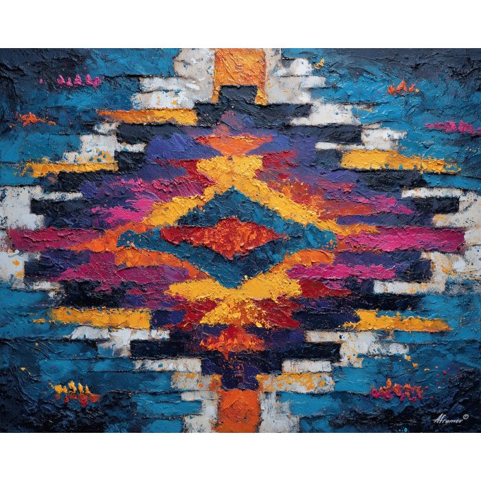 rustic, pattern, echoing, traditional, motifs,, bathed, palette knife, oil painting, textured impasto, layered pigment, dynamic strokes, sculpted paint, expressive surface, abstract detail, rich color, chromatic texture