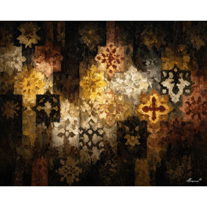 rustic, pattern, echoing, traditional, motifs,, pressed, palette knife, oil painting, textured impasto, layered pigment, dynamic strokes, sculpted paint, expressive surface, abstract detail, rich color, chromatic texture