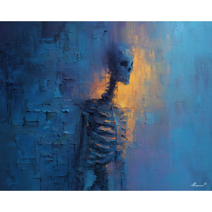 skeletal, silhouette, rendered, fractured, strokes,, glimmering, palette knife, oil painting, textured impasto, layered pigment, dynamic strokes, sculpted paint, expressive surface, abstract detail, rich color, chromatic texture