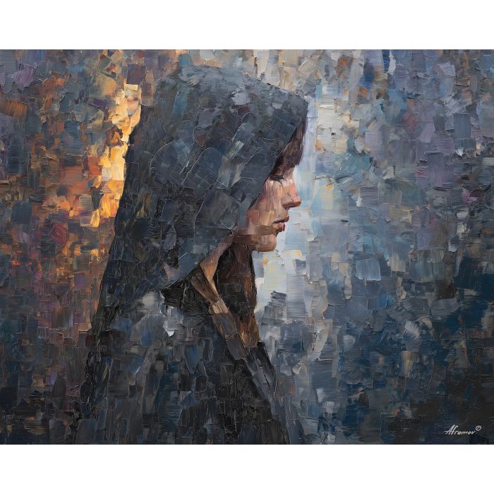 shadowy, figure, suggested, through, distorted, shapes,, palette knife, oil painting, textured impasto, layered pigment, dynamic strokes, sculpted paint, expressive surface, abstract detail, rich color, chromatic texture