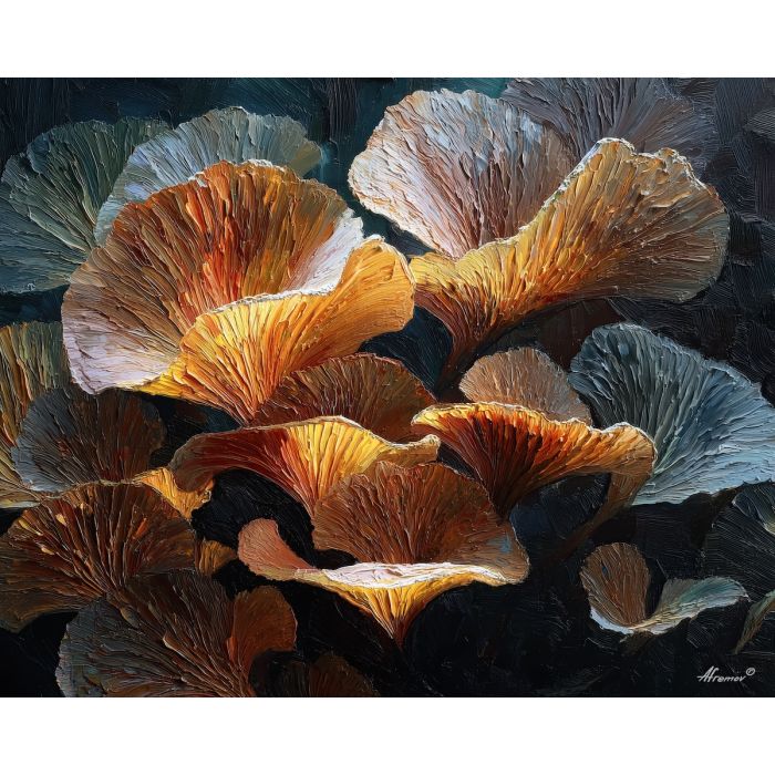 surreal, cluster, glowing, mushroom, forms,, bright, palette knife, oil painting, textured impasto, layered pigment, dynamic strokes, sculpted paint, expressive surface, abstract detail, rich color, chromatic texture