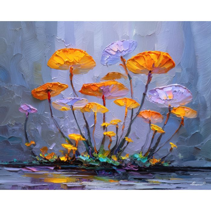 surreal, cluster, glowing, mushroom, forms,, glimmering, palette knife, oil painting, textured impasto, layered pigment, dynamic strokes, sculpted paint, expressive surface, abstract detail, rich color, chromatic texture