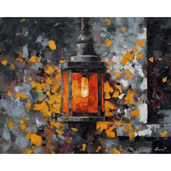 dimly, scene, haunting, seasonal, motifs,, outlined, palette knife, oil painting, textured impasto, layered pigment, dynamic strokes, sculpted paint, expressive surface, abstract detail, rich color, chromatic texture