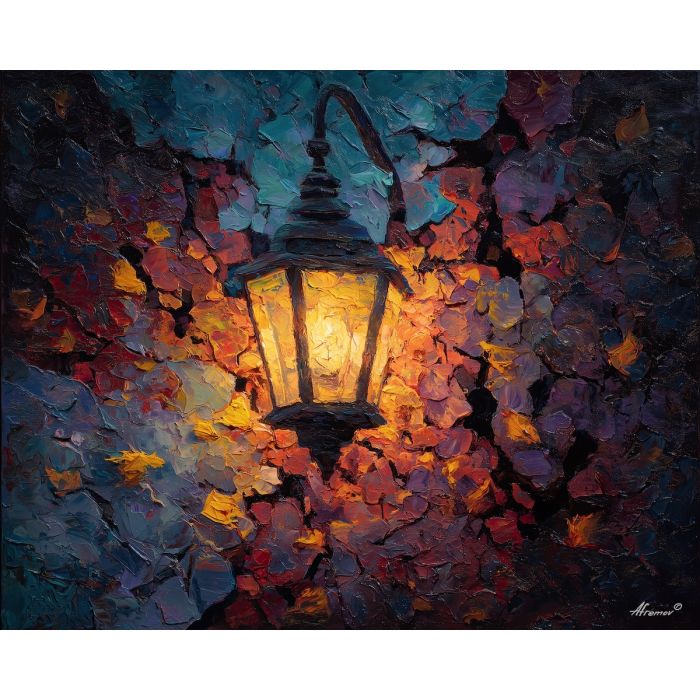 dimly, scene, haunting, seasonal, motifs,, outlined, palette knife, oil painting, textured impasto, layered pigment, dynamic strokes, sculpted paint, expressive surface, abstract detail, rich color, chromatic texture