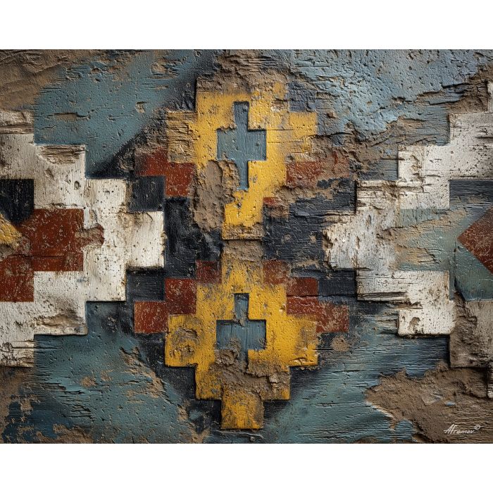 rustic, pattern, echoing, traditional, motifs,, pressed, palette knife, oil painting, textured impasto, layered pigment, dynamic strokes, sculpted paint, expressive surface, abstract detail, rich color, chromatic texture