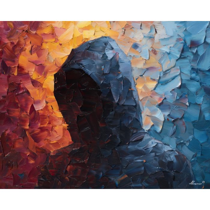 shadowy, figure, suggested, through, distorted, shapes,, palette knife, oil painting, textured impasto, layered pigment, dynamic strokes, sculpted paint, expressive surface, abstract detail, rich color, chromatic texture