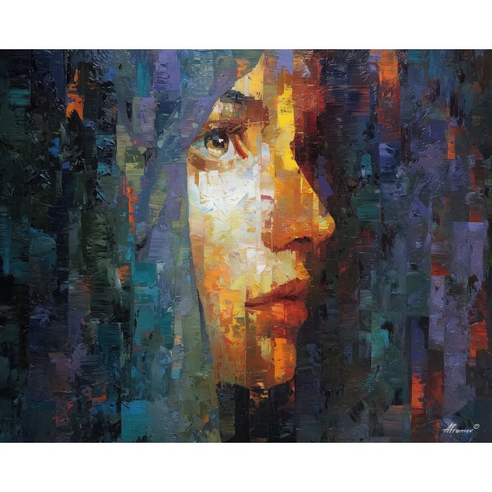 shadowy, figure, suggested, through, distorted, shapes,, palette knife, oil painting, textured impasto, layered pigment, dynamic strokes, sculpted paint, expressive surface, abstract detail, rich color, chromatic texture