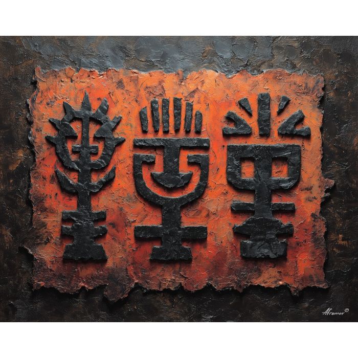 ancient, symbolic, shapes, inspired, mayan, aesthetics,, palette knife, oil painting, textured impasto, layered pigment, dynamic strokes, sculpted paint, expressive surface, abstract detail, rich color, chromatic texture