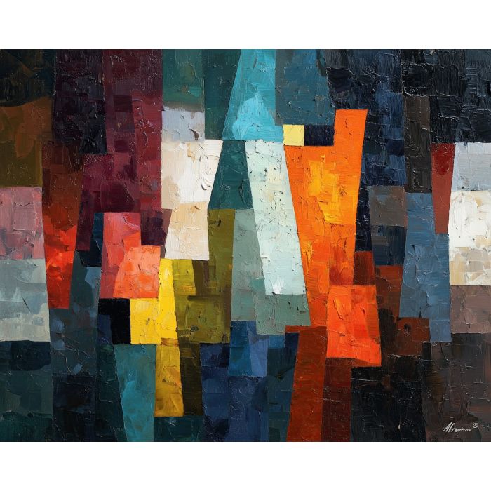 arrangement, angular, geometric, shapes,, surrounded, drifting, palette knife, oil painting, textured impasto, layered pigment, dynamic strokes, sculpted paint, expressive surface, abstract detail, rich color, chromatic texture