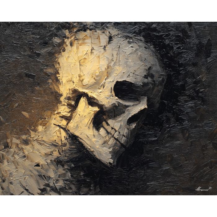 skeletal, silhouette, rendered, fractured, strokes,, surrounded, palette knife, oil painting, textured impasto, layered pigment, dynamic strokes, sculpted paint, expressive surface, abstract detail, rich color, chromatic texture