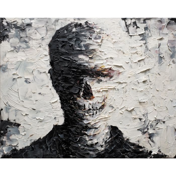 skeletal, silhouette, rendered, fractured, strokes,, pressed, palette knife, oil painting, textured impasto, layered pigment, dynamic strokes, sculpted paint, expressive surface, abstract detail, rich color, chromatic texture