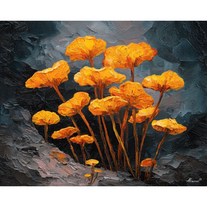 surreal, cluster, glowing, mushroom, forms,, surrounded, palette knife, oil painting, textured impasto, layered pigment, dynamic strokes, sculpted paint, expressive surface, abstract detail, rich color, chromatic texture