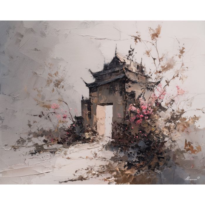 scene, influenced, classical, chinese, forms,, surrounded, palette knife, oil painting, textured impasto, layered pigment, dynamic strokes, sculpted paint, expressive surface, abstract detail, rich color, chromatic texture