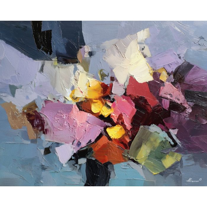 arrangement, angular, geometric, shapes,, surrounded, drifting, palette knife, oil painting, textured impasto, layered pigment, dynamic strokes, sculpted paint, expressive surface, abstract detail, rich color, chromatic texture