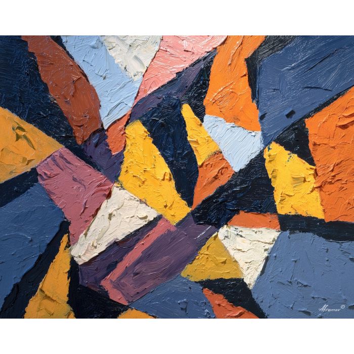 arrangement, angular, geometric, shapes,, glimmering, through, palette knife, oil painting, textured impasto, layered pigment, dynamic strokes, sculpted paint, expressive surface, abstract detail, rich color, chromatic texture