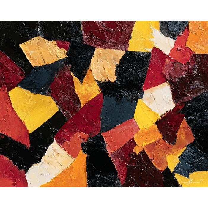 arrangement, angular, geometric, shapes,, pressed, stark, palette knife, oil painting, textured impasto, layered pigment, dynamic strokes, sculpted paint, expressive surface, abstract detail, rich color, chromatic texture