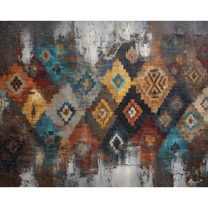rustic, pattern, echoing, traditional, motifs,, fading, palette knife, oil painting, textured impasto, layered pigment, dynamic strokes, sculpted paint, expressive surface, abstract detail, rich color, chromatic texture