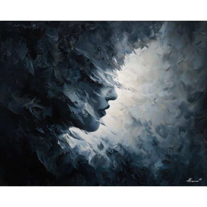 shadowy, figure, suggested, through, distorted, shapes,, palette knife, oil painting, textured impasto, layered pigment, dynamic strokes, sculpted paint, expressive surface, abstract detail, rich color, chromatic texture