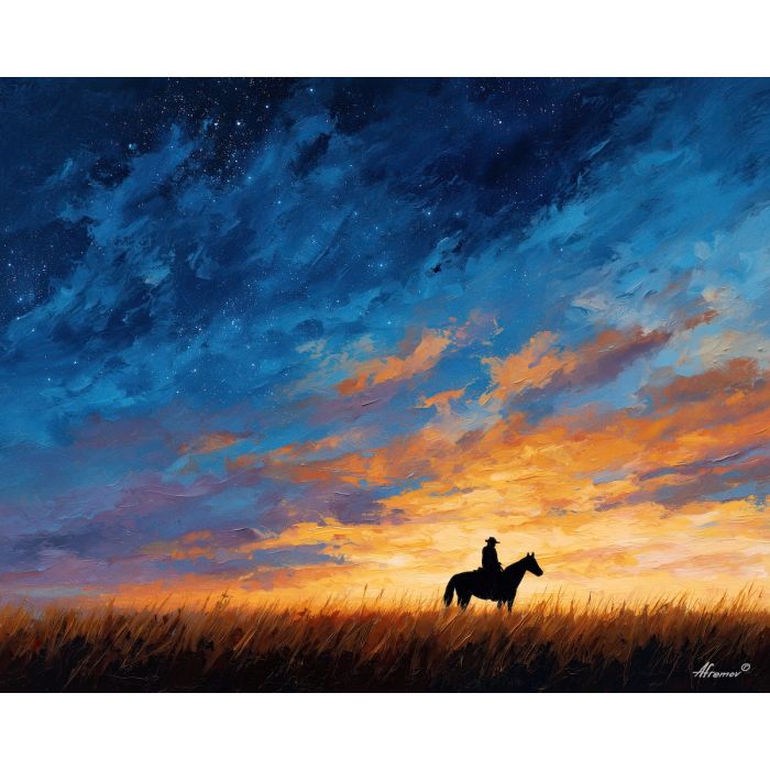 desert, dust, horizon, frontier, horse, sun, wind, trail, plain, sky, palette knife, oil painting, impasto, texture, expressive, layered paint, dynamic light, atmospheric, color depth, art