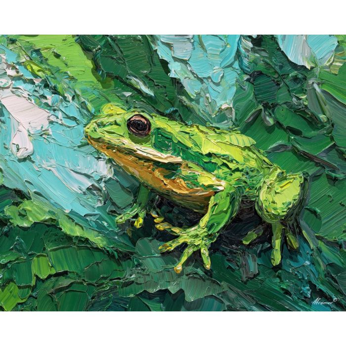 emerald, marsh, rain, jade, pond, ripple, moss, wet, amphibian, lily, palette knife, oil painting, impasto, texture, expressive, layered paint, dynamic light, atmospheric, color depth, art
