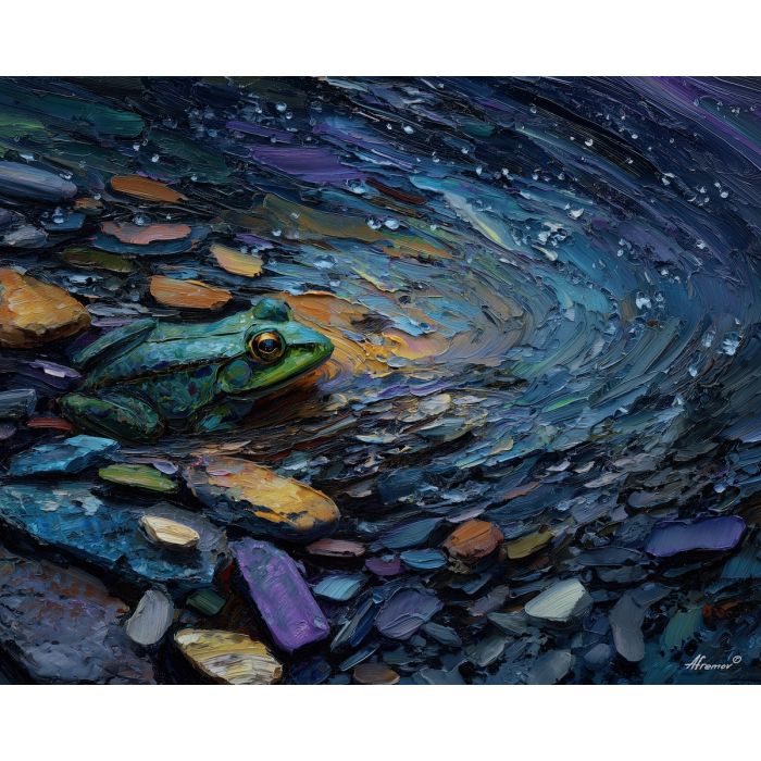 emerald, marsh, rain, jade, pond, ripple, moss, wet, amphibian, lily, palette knife, oil painting, impasto, texture, expressive, layered paint, dynamic light, atmospheric, color depth, art