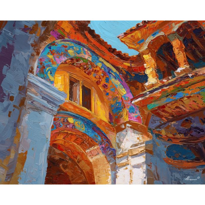 ornament, festival, pattern, color, temple, textile, warm, rhythm, culture, detail, palette knife, oil painting, impasto, texture, expressive, layered paint, dynamic light, atmospheric, color depth, art