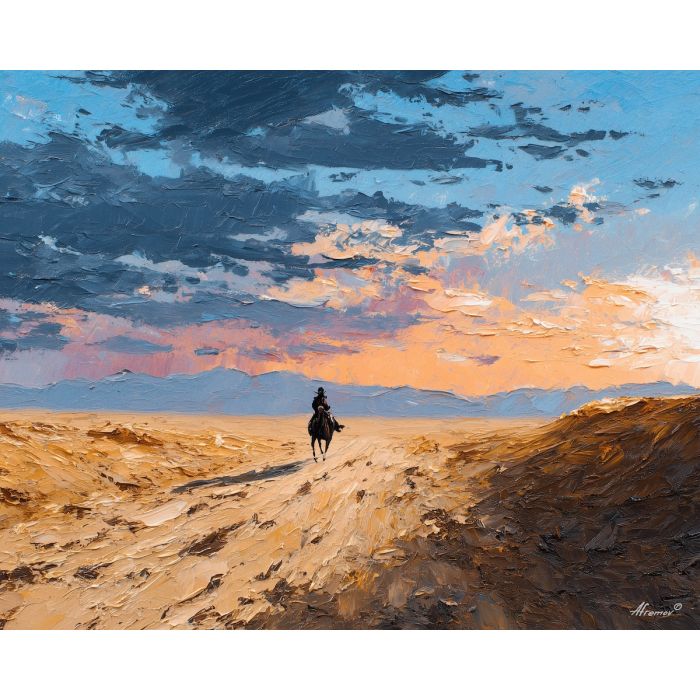 desert, dust, horizon, frontier, horse, sun, wind, trail, plain, sky, palette knife, oil painting, impasto, texture, expressive, layered paint, dynamic light, atmospheric, color depth, art
