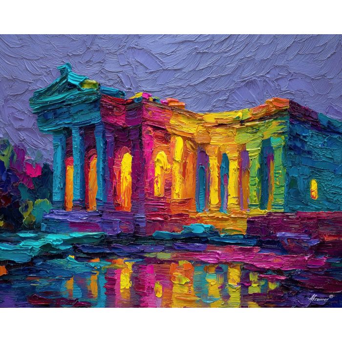 ornament, festival, pattern, color, temple, textile, warm, rhythm, culture, detail, palette knife, oil painting, impasto, texture, expressive, layered paint, dynamic light, atmospheric, color depth, art