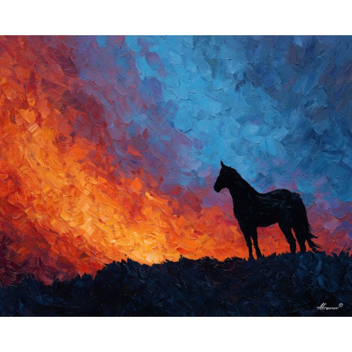 desert, dust, horizon, frontier, horse, sun, wind, trail, plain, sky, palette knife, oil painting, impasto, texture, expressive, layered paint, dynamic light, atmospheric, color depth, art