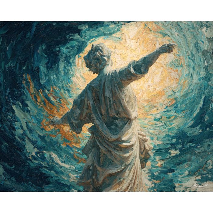 marble, temple, myth, aegean, column, oracle, bronze, ruin, hymn, stone, palette knife, oil painting, impasto, texture, expressive, layered paint, dynamic light, atmospheric, color depth, art