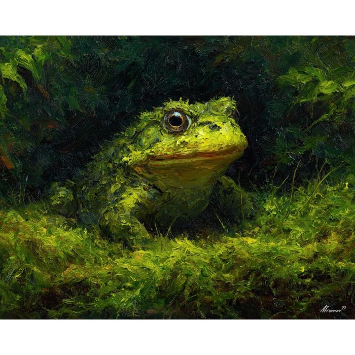 emerald, marsh, rain, jade, pond, ripple, moss, wet, amphibian, lily, palette knife, oil painting, impasto, texture, expressive, layered paint, dynamic light, atmospheric, color depth, art