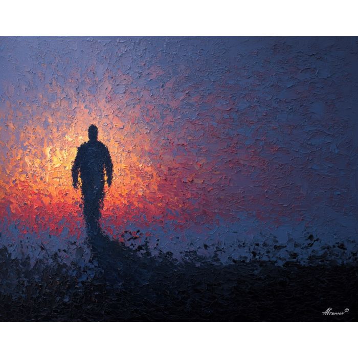 shadow, light, dusk, outline, presence, contrast, glow, void, edge, figure, palette knife, oil painting, impasto, texture, expressive, layered paint, dynamic light, atmospheric, color depth, art