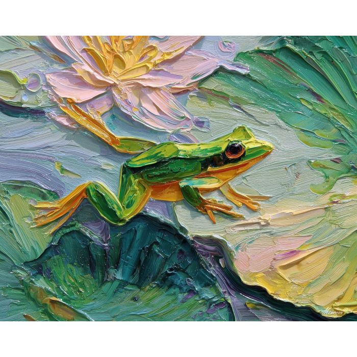 emerald, marsh, rain, jade, pond, ripple, moss, wet, amphibian, lily, palette knife, oil painting, impasto, texture, expressive, layered paint, dynamic light, atmospheric, color depth, art