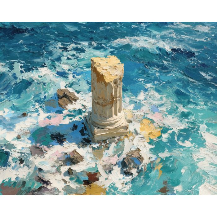 marble, temple, myth, aegean, column, oracle, bronze, ruin, hymn, stone, palette knife, oil painting, impasto, texture, expressive, layered paint, dynamic light, atmospheric, color depth, art