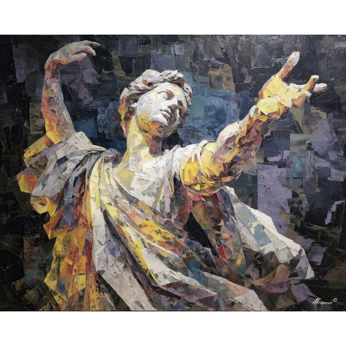 marble, temple, myth, aegean, column, oracle, bronze, ruin, hymn, stone, palette knife, oil painting, impasto, texture, expressive, layered paint, dynamic light, atmospheric, color depth, art