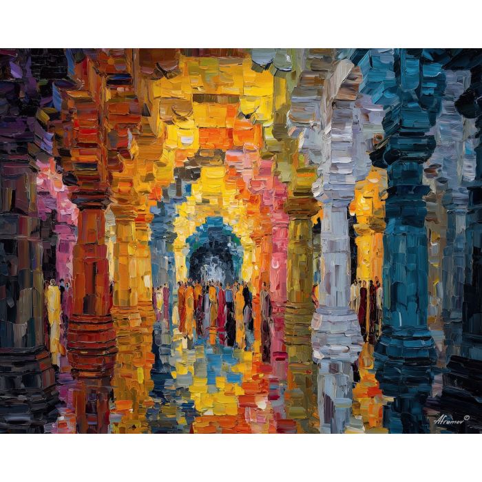 ornament, festival, pattern, color, temple, textile, warm, rhythm, culture, detail, palette knife, oil painting, impasto, texture, expressive, layered paint, dynamic light, atmospheric, color depth, art