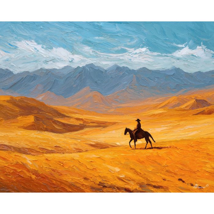 desert, dust, horizon, frontier, horse, sun, wind, trail, plain, sky, palette knife, oil painting, impasto, texture, expressive, layered paint, dynamic light, atmospheric, color depth, art