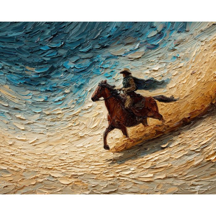 desert, dust, horizon, frontier, horse, sun, wind, trail, plain, sky, palette knife, oil painting, impasto, texture, expressive, layered paint, dynamic light, atmospheric, color depth, art