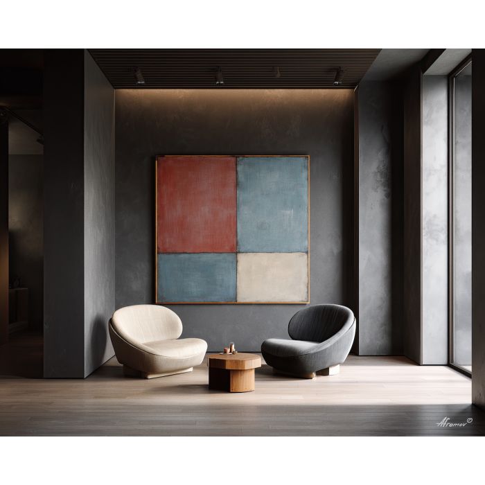 retro, interior, geometry, wood, design, minimal, warm, curve, balance, space, palette knife, oil painting, impasto, texture, expressive, layered paint, dynamic light, atmospheric, color depth, art