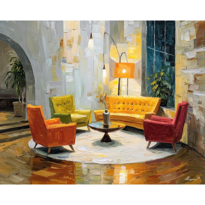 retro, interior, geometry, wood, design, minimal, warm, curve, balance, space, palette knife, oil painting, impasto, texture, expressive, layered paint, dynamic light, atmospheric, color depth, art