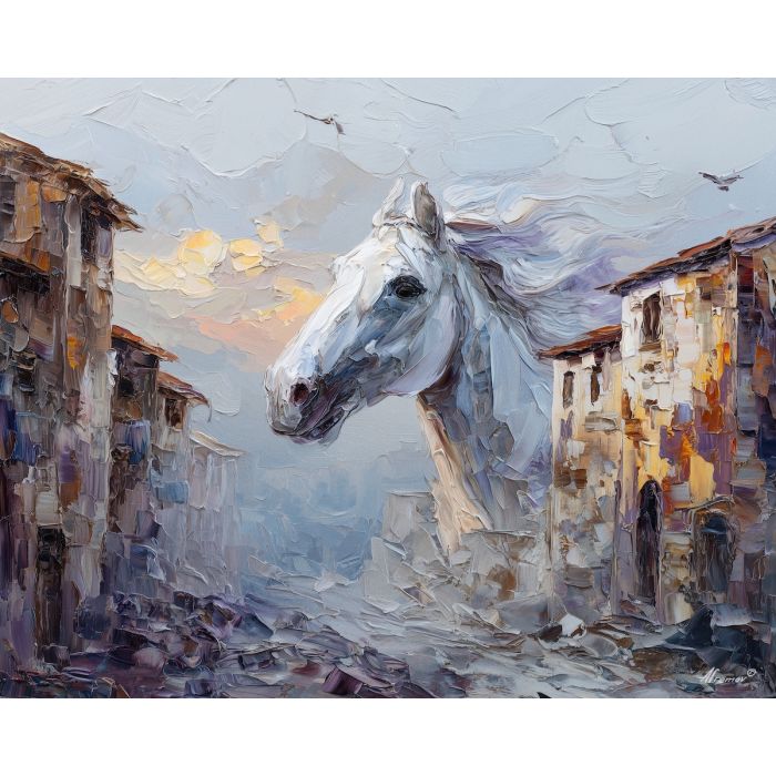 desert, dust, horizon, frontier, horse, sun, wind, trail, plain, sky, palette knife, oil painting, impasto, texture, expressive, layered paint, dynamic light, atmospheric, color depth, art