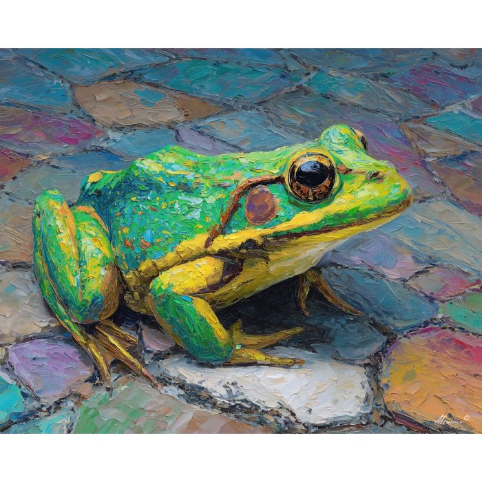 emerald, marsh, rain, jade, pond, ripple, moss, wet, amphibian, lily, palette knife, oil painting, impasto, texture, expressive, layered paint, dynamic light, atmospheric, color depth, art