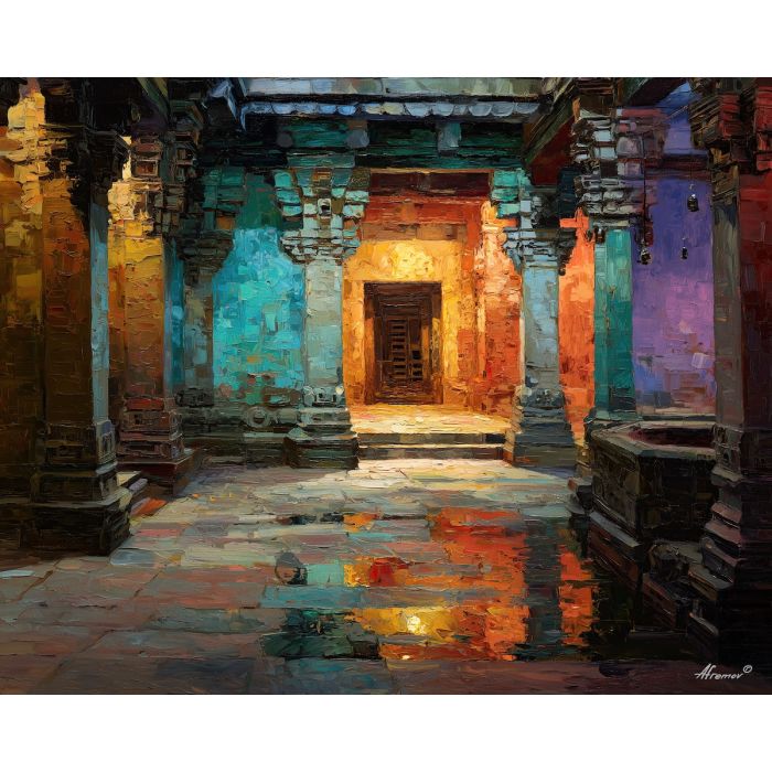 ornament, festival, pattern, color, temple, textile, warm, rhythm, culture, detail, palette knife, oil painting, impasto, texture, expressive, layered paint, dynamic light, atmospheric, color depth, art