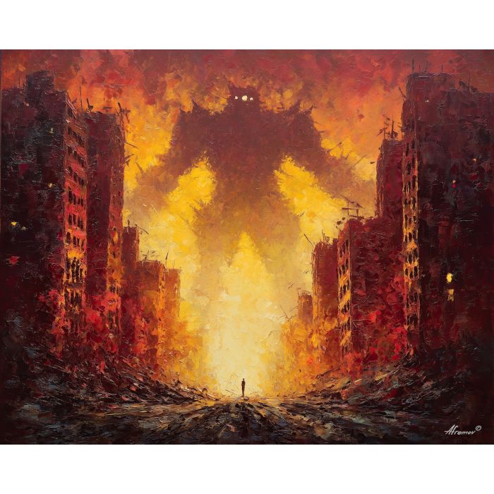 colossal, titan, smoke, destruction, neon, storm, scale, ruin, ash, force, palette knife, oil painting, impasto, texture, expressive, layered paint, dynamic light, atmospheric, color depth, art