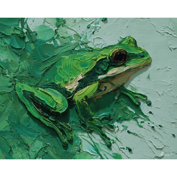 emerald, marsh, rain, jade, pond, ripple, moss, wet, amphibian, lily, palette knife, oil painting, impasto, texture, expressive, layered paint, dynamic light, atmospheric, color depth, art