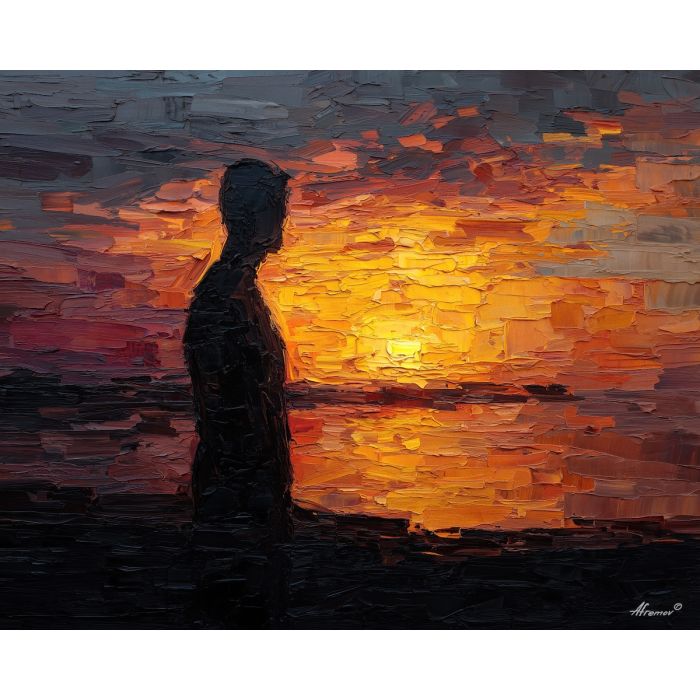 shadow, light, dusk, outline, presence, contrast, glow, void, edge, figure, palette knife, oil painting, impasto, texture, expressive, layered paint, dynamic light, atmospheric, color depth, art
