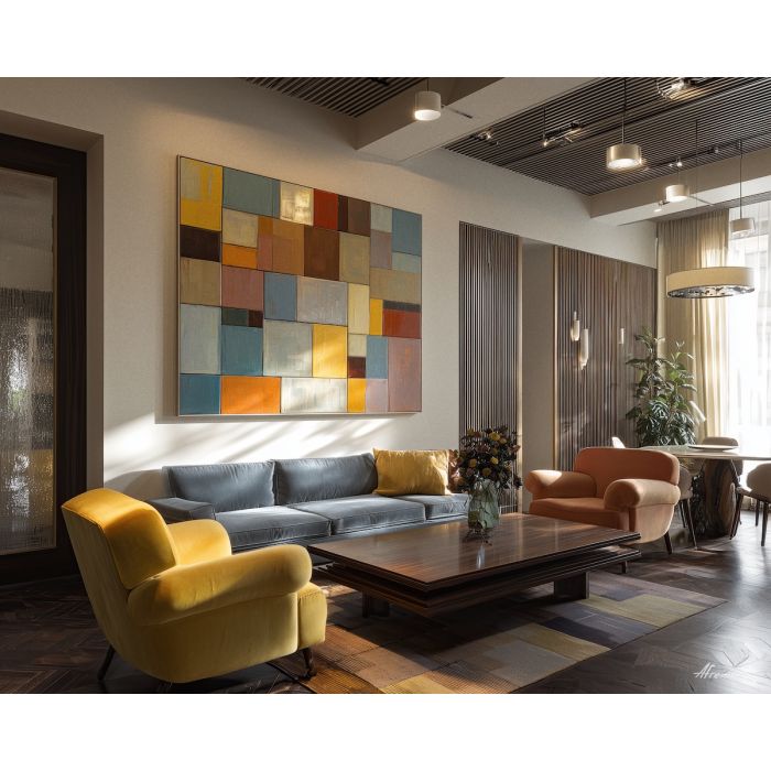 retro, interior, geometry, wood, design, minimal, warm, curve, balance, space, palette knife, oil painting, impasto, texture, expressive, layered paint, dynamic light, atmospheric, color depth, art