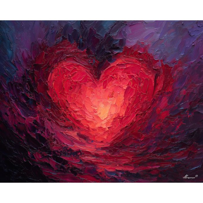 heart, emotion, warmth, pulse, red, connection, vein, core, intimacy, glow, palette knife, oil painting, impasto, texture, expressive, layered paint, dynamic light, atmospheric, color depth, art