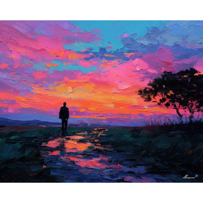 shadow, light, dusk, outline, presence, contrast, glow, void, edge, figure, palette knife, oil painting, impasto, texture, expressive, layered paint, dynamic light, atmospheric, color depth, art